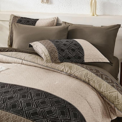 Dinjoy Boho Queen Comforter Set Light Brown,7 Piece Bed in a Bag Queen Size Warm Striped Bedding Sets with Plaid Fall Comforters Bed Set with Sheets for Family All Season