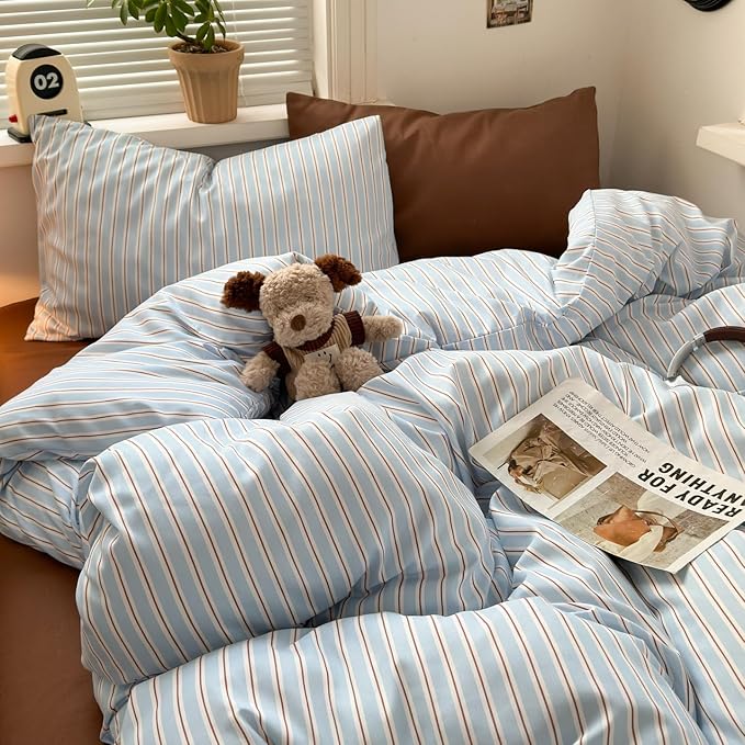 Striped Comforter Set Queen Size Blue Red White Stripes Pattern Bedding Set for All Seasons Soft Fluffy Down Alternative Comforter 3 Pieces, 100% Microfiber, 2 Pillowcases