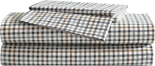 Eddie Bauer - Queen Sheet Set, Crisp & Cooling Sheets w/a Naturally Smooth Cotton Percale Lightweight Feel - Matching Pillowcases & Deep Pocket Fitted Sheet (Griffin Plaid Beige)