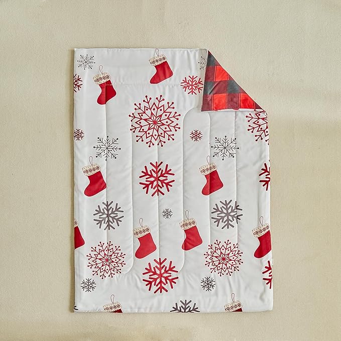 Christmas Toddler Bedding Set for Boys Girls Red White Sock Colorful Holiday 4PC Toddler Bed Set - Cute Toddler White Bed in a Bag with Gray Red Snowflake
