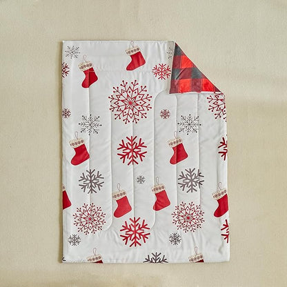 Christmas Toddler Bedding Set for Boys Girls Red White Sock Colorful Holiday 4PC Toddler Bed Set - Cute Toddler White Bed in a Bag with Gray Red Snowflake