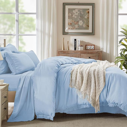Andency Queen Comforter Set with Sheets Light Blue - 7 Pieces Boho Tassel Bed in a Bag Soft Lightweight Bedding Sets, Fringe Bed Set with Comforter, Sheets, Pillowcases & Shams