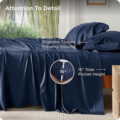 Bedsure King Size Sheets Set, Cooling Sheets for Hot Sleepers, Rayon Derived from Bamboo, PureWoven, Breathable & Soft, Deep Pocket Up to 16 Inches, Hotel Luxury Silky Bedding, Navy