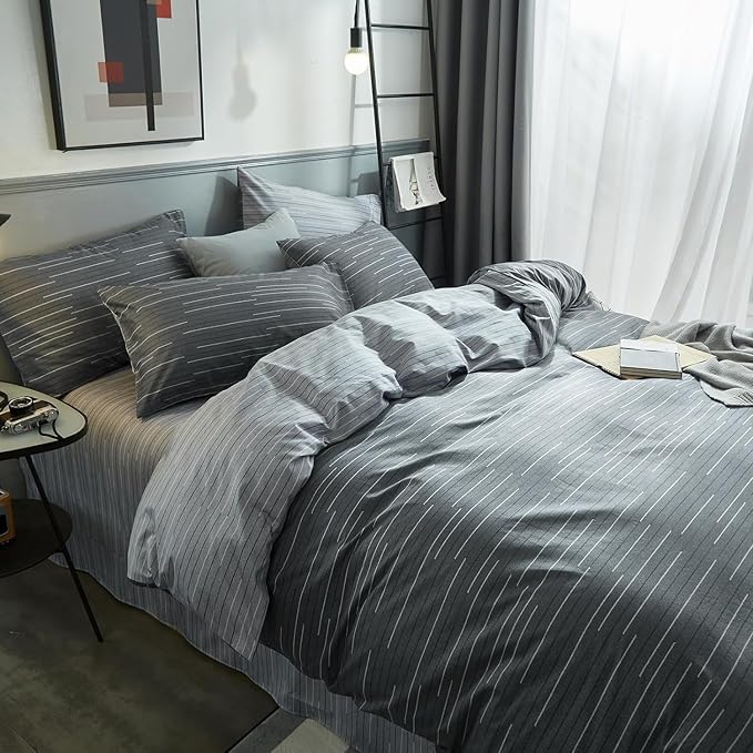 mixinni Full Size Comforter Set for Teen Modern Geometric Boys Grey Striped Printed Comforter Set Men Boys for All Season, 1 Soft Fluffy Comforter and Two Pillowcases-Full Size