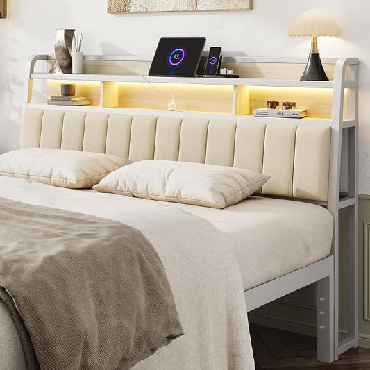 King Headboard Only with Storage, Upholstered Headboards for King Size Bed with LED Light, Charging Station, Height Adjustable, Sturdy and Stable Headboard, Off White