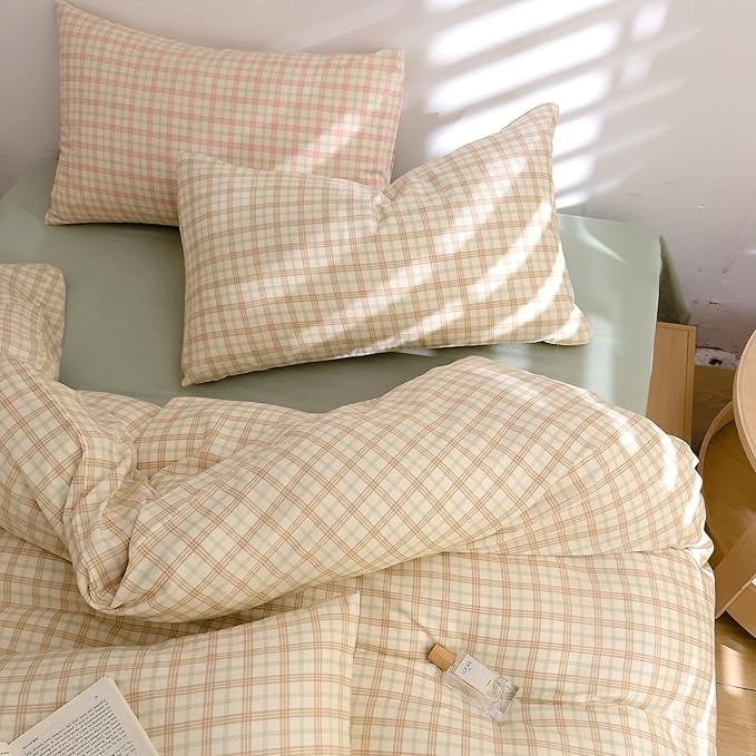EAVD Vintage Style Brown&Green Grid Plaid Duvet Cover Twin Soft 100% Washed Cotton Chic Checkered Gingham Bedding Set with 2 Pillowcases Farmhouse Gingham Duvet Cover with Zipper Closure
