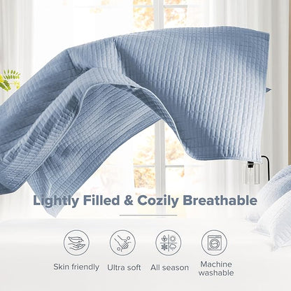 Comfort Spaces Blue Oversized Queen Quilt Set 102"x118" Bedspread Quilted Summer Lightweight Microfiber Bedding Coverlet with Double Sided Stitching Soft All Season Cozy 3 Piece with Matching Shams