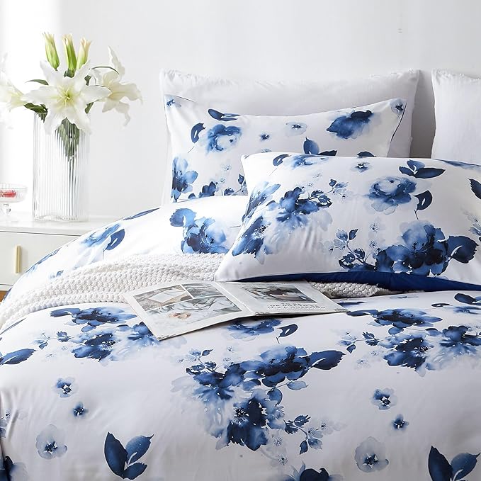 Cupocupa Queen Duvet Cover Set - 3pc Blue Floral Art Deco Bedding - Soft Botanical Print Polyester Duvet Cover with 2 Pillowcases - All Season Reversible Comforter Cover (Queen, Blue Floral)