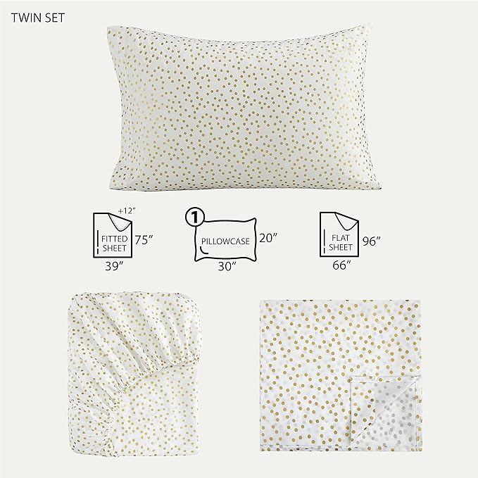 Heritage Kids 3-Piece Twin Sheet Set - Gold Dot Pattern, Soft and Cozy Bedding for Girls, Includes Fitted Sheet, Flat Sheet & Pillowcase, Durable and Easy Care