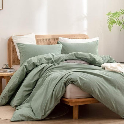BESTOUCH Duvet Cover Set 100% Washed Cotton Linen Feel Super Soft Comfortable Chic Lightweight 3 PCs Home Bedding Set Solid Green Alaska King