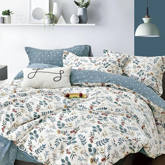 Botanical Cotton Comforter Twin Size - Lake Green Comforter with Dusky Blue & Warm Rust Leaves on Ivory,Reversible Lightweight Bedding Sets 2Pcs(Polka Dot,68"×90")