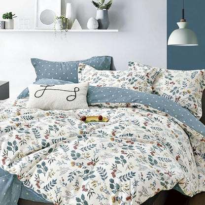 Botanical Cotton Comforter Twin Size - Lake Green Comforter with Dusky Blue & Warm Rust Leaves on Ivory,Reversible Lightweight Bedding Sets 2Pcs(Polka Dot,68"×90")
