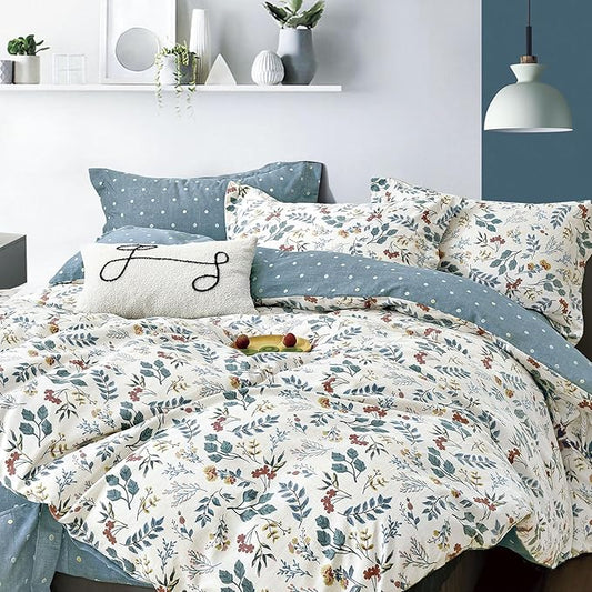 Botanical Cotton Comforter Twin Size - Lake Green Comforter with Dusky Blue & Warm Rust Leaves on Ivory,Reversible Lightweight Bedding Sets 2Pcs(Polka Dot,68"×90")