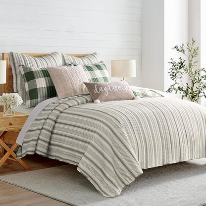 Levtex Home Camden Green Euro Sham - Set of 2 (26x26in) - No Insert - Green and Off-White - Ticking Stripe - Cotton Euro Sham - Lightweight, Soft, Pre-Washed
