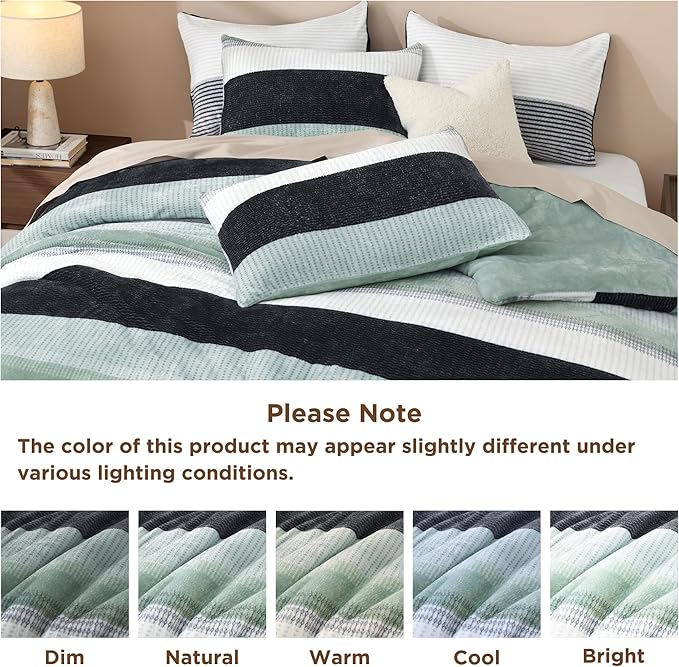 Litanika Fluffy Fleece King Size Comforter Set, Luxury Soft Plush Fuzzy Sage Green Stripe Bedding Comforter Sets, Warm Shaggy Faux Fur Bed Set All Season (1 Comforter, 2 Pillowcases)