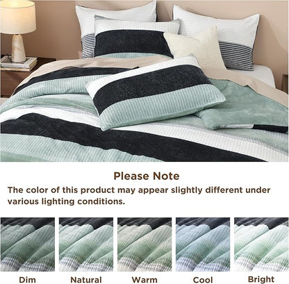 Litanika Fluffy Fleece King Size Comforter Set, Luxury Soft Plush Fuzzy Sage Green Stripe Bedding Comforter Sets, Warm Shaggy Faux Fur Bed Set All Season (1 Comforter, 2 Pillowcases)