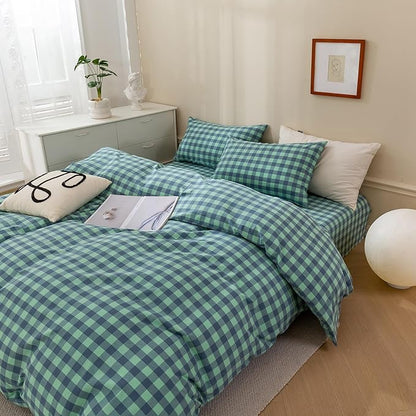 VM VOUGEMARKET 3 Pieces Plaid Duvet Cover Set King Washed Cotton Green Blue Checkered Printed Comforter Cover with Zipper Soft Lightweight & Breathable Quilt Cover Set King