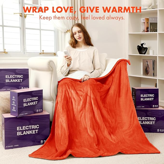 Electric Heated Blanket Twin 62" x 84" - Soft Cozy Flannel Sherpa Heated Blanket with 5 Heating Levels & 10 Hours Auto Off, Electric Blanket as a Gift for Grandma, ETL Certified (Orange)