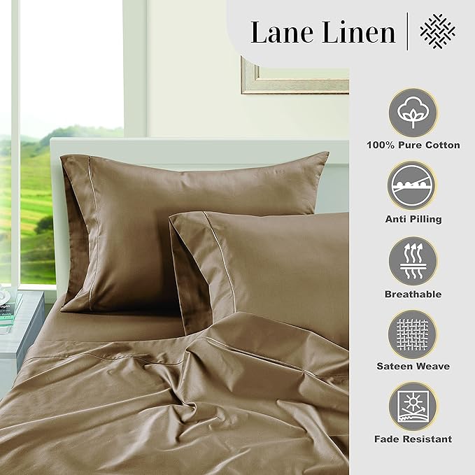 LANE LINEN Pillows Standard Size Set of 2, Soft 100% Egyptian Cotton Sateen, 1000 Thread Count, Cool & Smooth Pillowcases Queen - Taupe