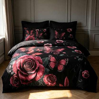 Black Vintage Comforter Set Full Size, Black Red Floral Bedding Set for Gothic Bedroom Decor, 3 Pieces Soft Microfiber Lightweight Comforter Set with 2 Pillowcases, 79"x90"