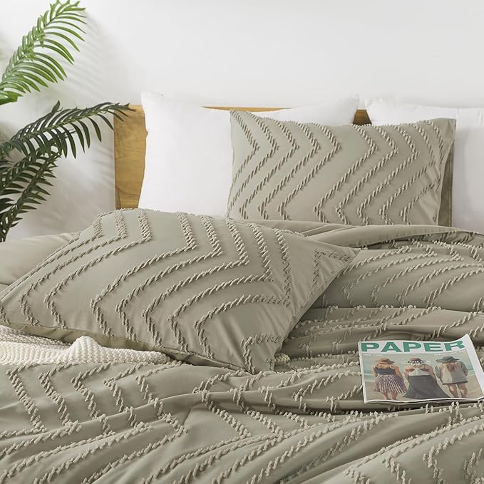 Andency Oatmeal Comforter Set Full Size, Boho Soft Warm Tufted Bedding Comforter Sets for Full Size Bed, 3 Pieces Aesthetic Chevron Farmhouse Cute Bohemian Textured Bed Set