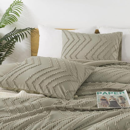 Andency Oatmeal Comforter Set Full Size, Boho Soft Warm Tufted Bedding Comforter Sets for Full Size Bed, 3 Pieces Aesthetic Chevron Farmhouse Cute Bohemian Textured Bed Set