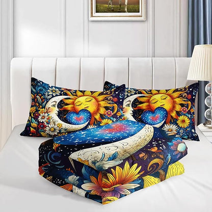 Bedding Sun and Moon Set Full Size,Colorful Flowers Bohemian Exotic Gothic Comforter Sets for Kids Teens Girls Room Decor,Universe Galaxy Bedding with 2 Pillowcases.
