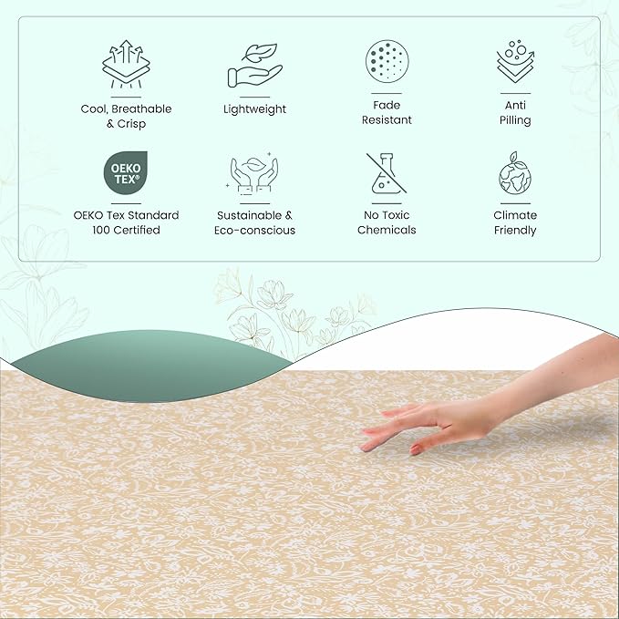 Feather & Stitch Softest 100% Cotton Sheets, 300 Thread Count Percale Weave Bedding, 16" Deep Pocket, Cooling Sheets, Breathable Bed Set, Hotel Premium Quality (Full, Twilight Bloom Beige)