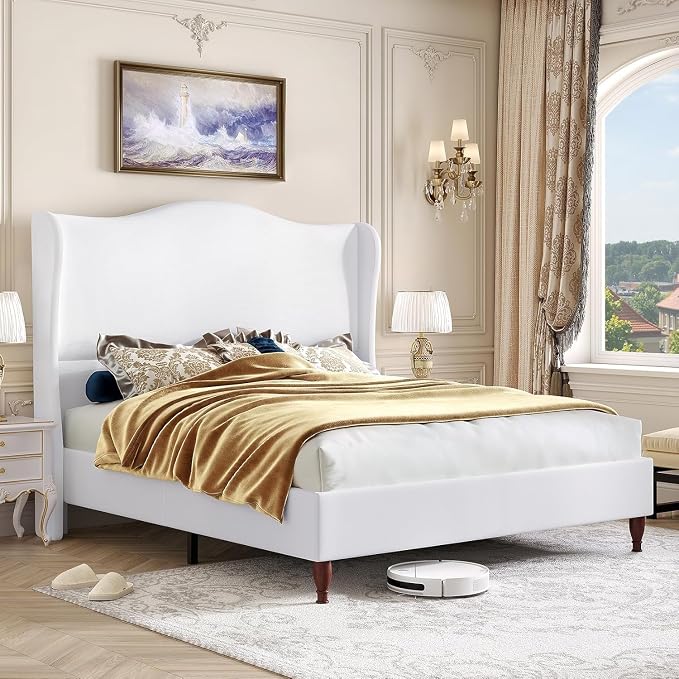 koorlian Full Size Upholstered Bed Frame with 51'' Tall Headboard, White | Reinforced Platform Bed, Easy Assembly, Soft Fabric, Sleigh Wingback, Solid Wood Retro Legs, Noise-Free, Classic & Simple
