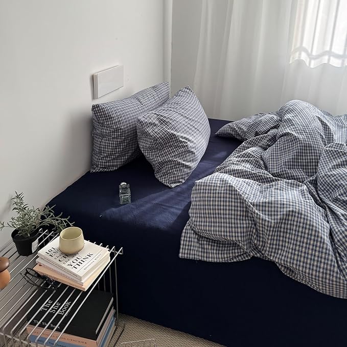 EAVD Vintage Blue Plaid Gingham Duvet Cover Twin Soft 100% Washed Cotton Reversible Grid Plaid Checkered Gingham Bedding Set with 2 Pillowcases Farmhouse Blue Plaid Duvet Cover with Zipper