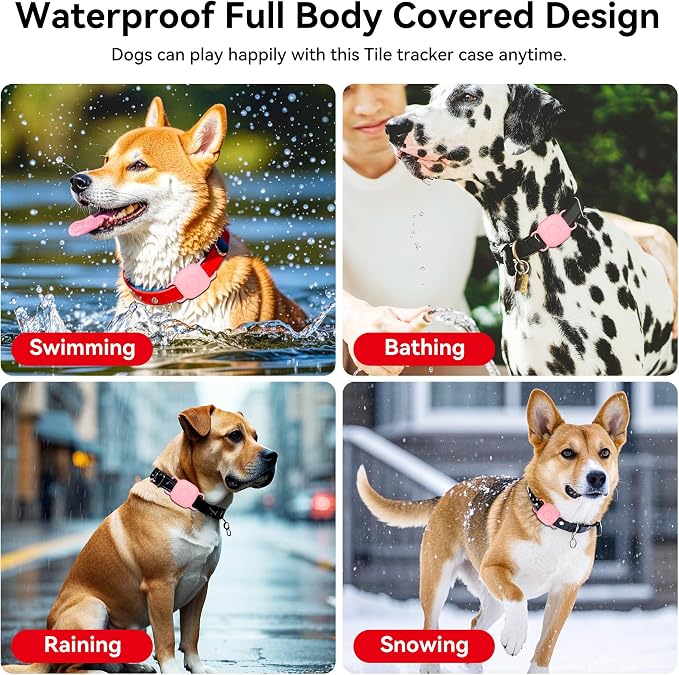 DDJ Waterproof Dog Collar Holder for Life360 Tile Mate Tracker, 4-Pack Durable Silicone Cover, Anti Lost for Tile Tracker Case for Cat & pet Collars, Easy Installation, Black, Pink Punch, White, Pink