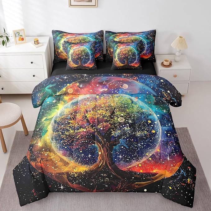 Colorful Life Tree Bedding Set,Outer Space Galaxy Starry Queen Comforter Set with Sheets for Boys Girls Teens Room Decor,Exotic Bohemia Tree of Life Bed in a Bag 7 Piece for Bedroom Living Room