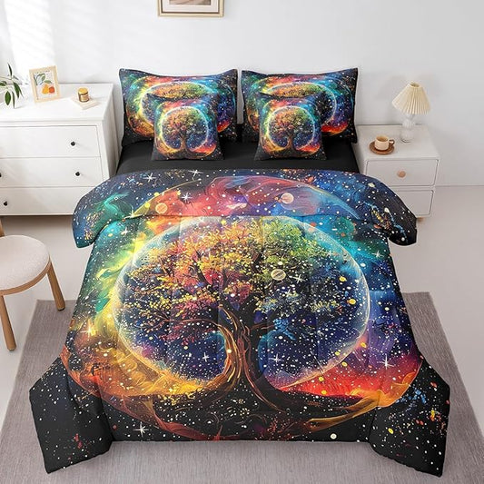 Colorful Life Tree Bedding Set,Outer Space Galaxy Starry Queen Comforter Set with Sheets for Boys Girls Teens Room Decor,Exotic Bohemia Tree of Life Bed in a Bag 7 Piece for Bedroom Living Room