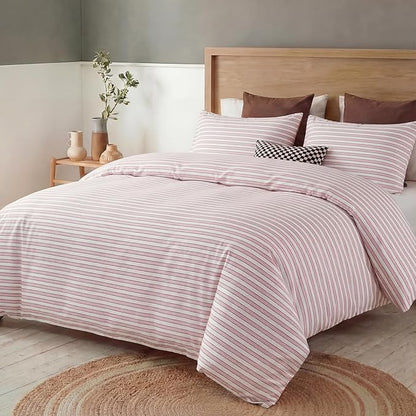 Bedbay Cotton Striped Duvet Cover Set King Size, Soft Blush Pink Stripe Bedding Set, 100% Cotton Sateen, Minimal Casual Hotel Style Duvet Cover 3 Piece for All Seasons