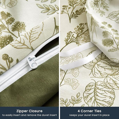 Wake In Cloud - Floral Duvet Cover Set, Botanical Vintage Flower Coquette Cottagecore Aesthetic for Women Teen Girls, Soft Lightweight Bedding, 3-Piece, Olive Green, Queen Size