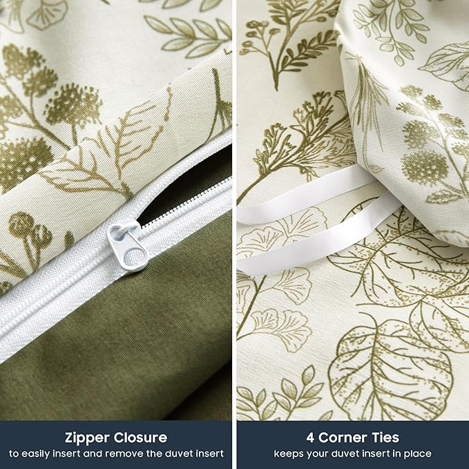 Wake In Cloud - Floral Duvet Cover Set, Botanical Vintage Flower Coquette Cottagecore Aesthetic for Women Teen Girls, Soft Lightweight Bedding, 3-Piece, Olive Green, Twin/Twin XL Size