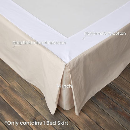 BISELINA French Linen Wrap Around Bed Skirt with Pleated Corner 14-Inch Tailored Drop Natural Flax Cotton Blend Basic Soft Cozy (14" King, Linen)