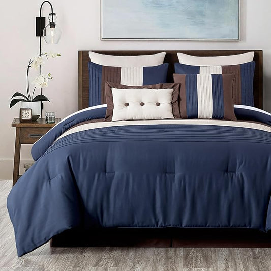 Chezmoi Collection Loft 8-Piece Queen Comforter Set, Midnight Blue/Brown/Coffee Cream Luxury Striped Bedding for All Season