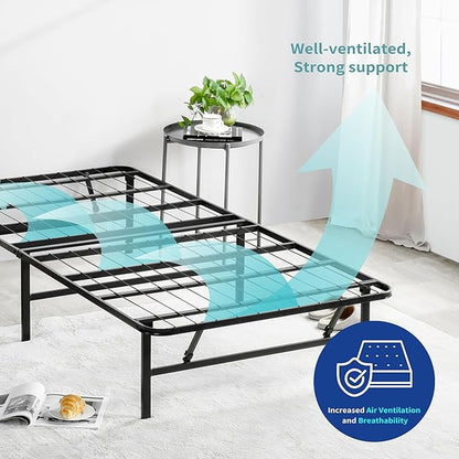 Olee Sleep 14 Inch Foldable Metal Platform Bed Frame, Steel Mattress Foundation, Comfort Base, Easy Under Bed Storage, No Box Spring Needed, Twin Size