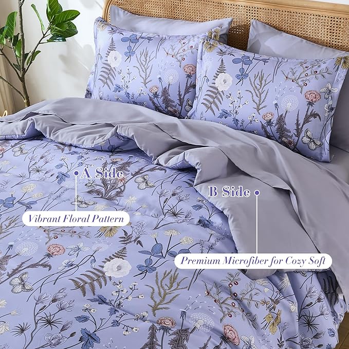Yiran King Size Comforter Set 7 Piece, Purple Floral Bedding Set, Lightweight Bed in a Bag King with Botanical Flowers Spring, Soft Warm Lavender Comforters with Sheets Complete for All Season