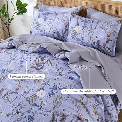 Yiran King Size Comforter Set 7 Piece, Purple Floral Bedding Set, Lightweight Bed in a Bag King with Botanical Flowers Spring, Soft Warm Lavender Comforters with Sheets Complete for All Season