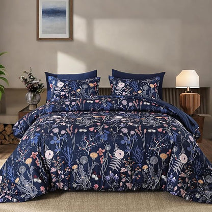 Yiran King Size Comforter Set, 7 Pieces Navy Blue Floral Soft Bedding Sets, King Bed in a Bag with Botanical Flowers Winter Comforter, Sheets, Pillowcases & Shams
