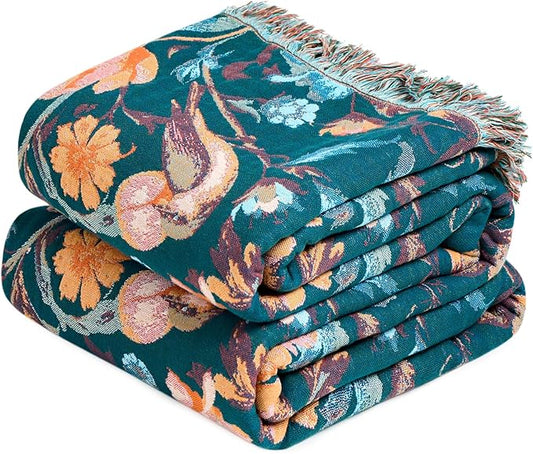 MSGKV Boho Throw Blanket for Bed 60"x80" Cotton Birds Floral Twin Size Couch Blanket Muslin Spring Breathable All Seasons Lightweight Farmhouse Blankets