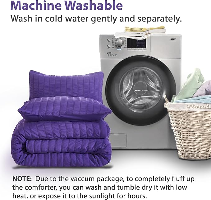 AveLom Dark Purple Seersucker Twin Comforter Set (68x90 inches), 2 Pieces-Soft Washed Microfiber Lightweight Comforter with 1 Pillowcase, All Season Down Alternative Comforter Set for Bedding