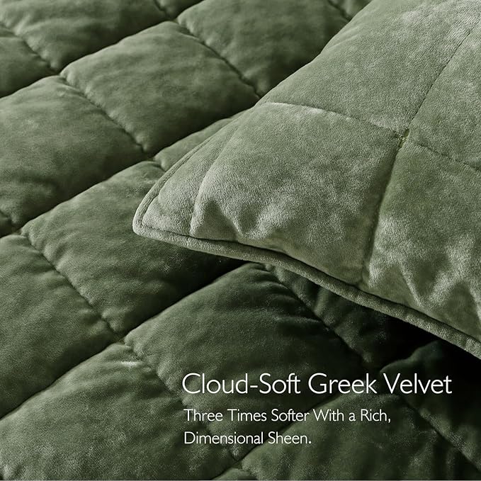 Oversized King Greek Velvet Quilt Set, 3× Softer Luxe Sheen, 100% Cotton Backing, 150GSM Down-Alternative Fill, Extra-Wide 112×106" Hotel-Style Luxury Coverage (1 Quilt + 2 Pillow Shams), Loden Green