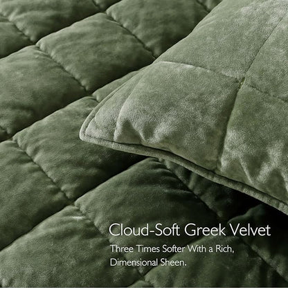 KASENTEX Greek Velvet King Quilt Set, Ultra-Soft Luxe Sheen, 100% Cotton Backing, 150GSM Down-Alternative Fill, Expanded 108×98" Coverage for Fuller Side Drape (1 Quilt + 2 Pillow Shams), Loden Green