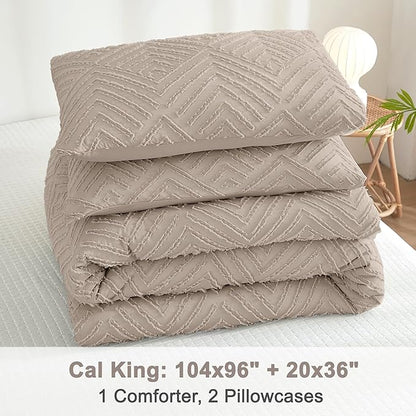 Litanika California King Comforter Set Light Coffee, 3 Pieces Tufted Boho Farmhouse Bedding Comforter Sets, Lightweight Fluffy Comforter Bed Set All Season (104x96In Comforter & 2 Pillowcases)