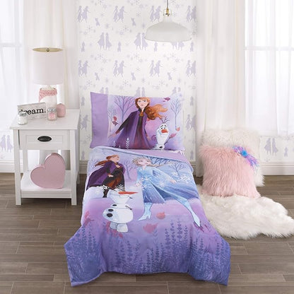 Disney Frozen 2 Lavender, Light Blue and Purple Forest Spirit 4 Piece Toddler Bed Set - Comforter, Fitted Bottom Sheet, Flat Top Sheet, Reversible Pillowcase