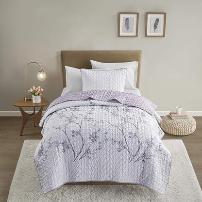 Comfort Spaces Reversible Quilt Set-Vermicelli Stitching Design All Season, Lightweight, Coverlet Bedspread Bedding, Matching Shams, Twin/Twin XL (66 in x 90 in), Kate Floral Purple 2 Piece