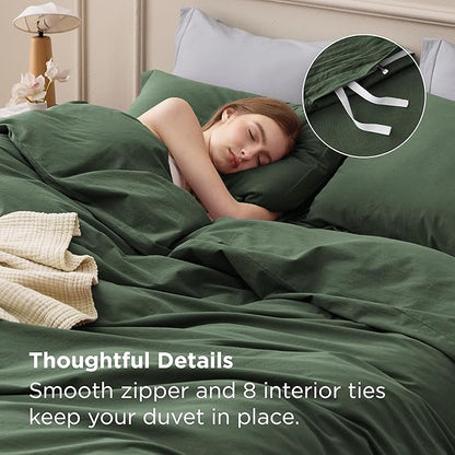 Bedsure 100% Washed Cotton Duvet Cover Queen Size - Olive Green Minimalist Bedding Set Linen Like - PureWoven Plain Simple & Soft Comforter Cover for All Seasons (Olive Green, Queen, 90"x90")